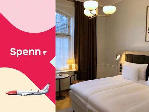 Illustrasjonsbilde som viser Spenn-logoen, et Norwegian-fly samt et Strawberry-hotellrom