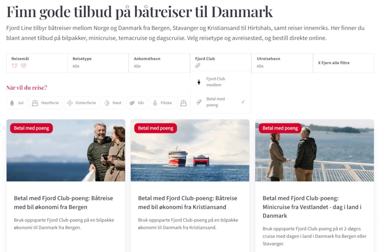 Bilde som viser bestillingsside hos Fjord Line for båtreiser, og nedtrekksmenyen for å betale med Fjord Club Poeng.